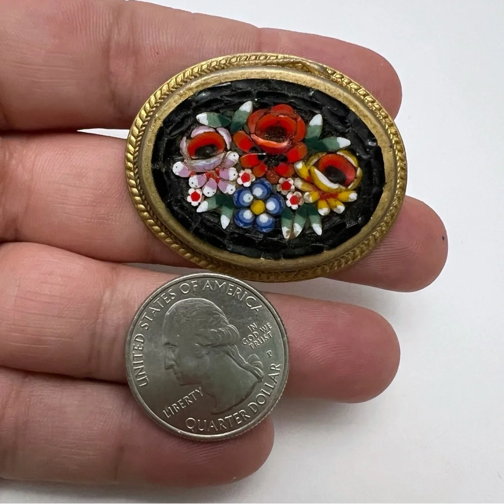 Vintage Micro Mosaic Black Multicolor Floral Goldtone Oval Brooch Italy